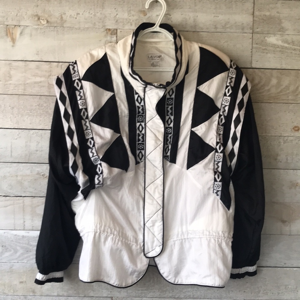Vintage Black & White Geometric Windbreaker Jacket | Retro Minimalist - Picture 2 of 8